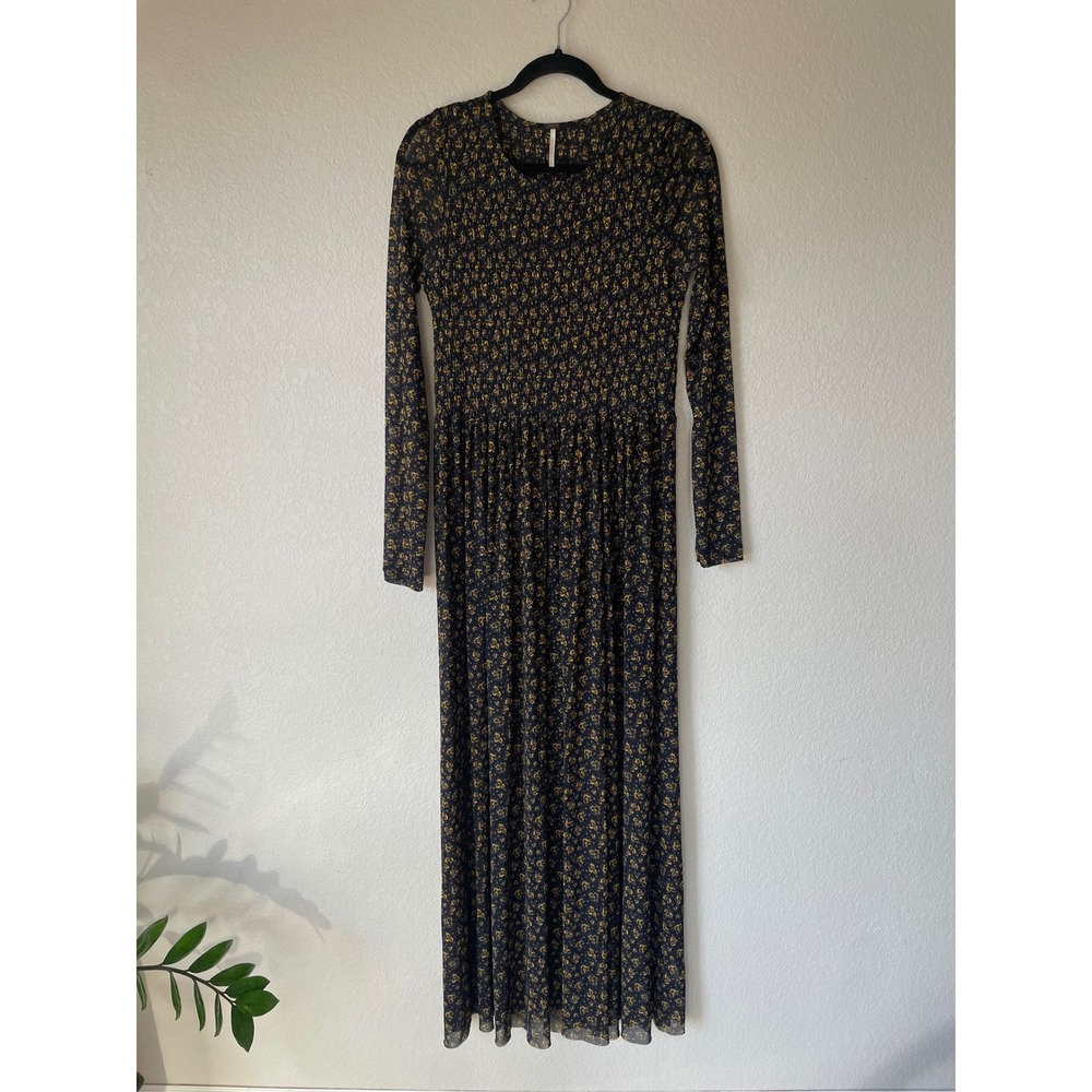 Free People Hello & Goodbye Mesh Dress Black Floral Sheer Smocked Small Maxi